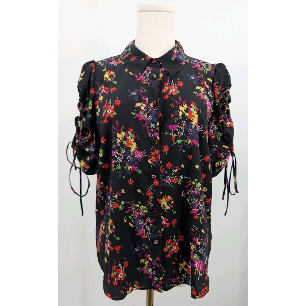 Veronica Beard Carmine‎ Silk Black Floral Button Up Blouse Size 6 Puff Sleeve